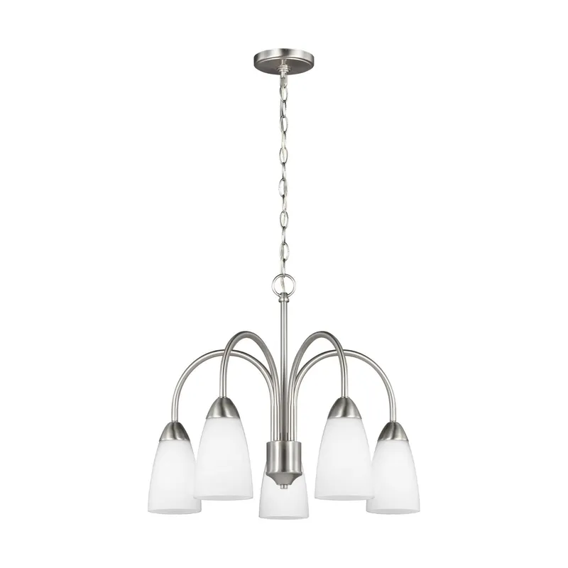 Seville Five Light Downlight Chandelier LED Transitional 17.25" Height Steel Round Etched / White Inside Shade in Brushed Nickel — Foundry Lighting LED Downlights 9.0W 